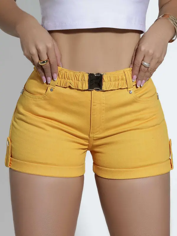 SHORT FEMININO CLOCHARD PIT BULL JEANS DETALHES LATERAIS MODELADORA