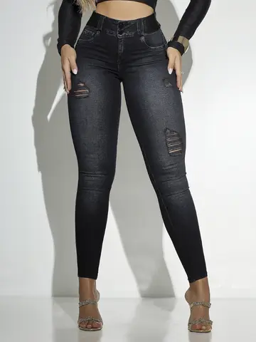 CALÇA FEMININA SKINNY COM DESTROYED ESTILOSA EMPINA BUMBUM