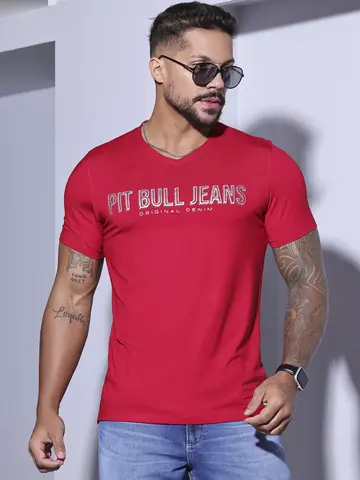 CAMISETA MASCULINA GOLA V COM LOGOMANIA PIT BULL JEANS SOFISTICADO
