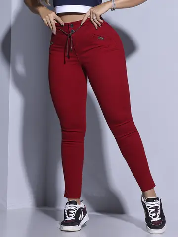 CALÇA FEMININA CINTURA ALTA PIT BULL JEANS CASUAL COM CORDÃO