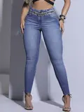 CALÇA FEMININA SKINNY MODELADORA PIT BULL JEANS COM CINTO BRILHANTE