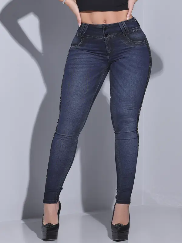 CALÇA FEMININA MODELADORA PIT BULL JEANS COM FAIXA LATERAL PERSONALIZADA