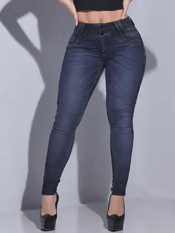CALÇA FEMININA MODELADORA PIT BULL JEANS COM FAIXA LATERAL PERSONALIZADA