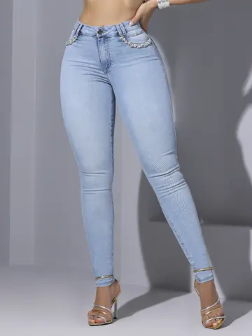 CALÇA FEMININA PIT BULL JEANS MODELADORA COM APLICAÇÕES BRILHANTES
