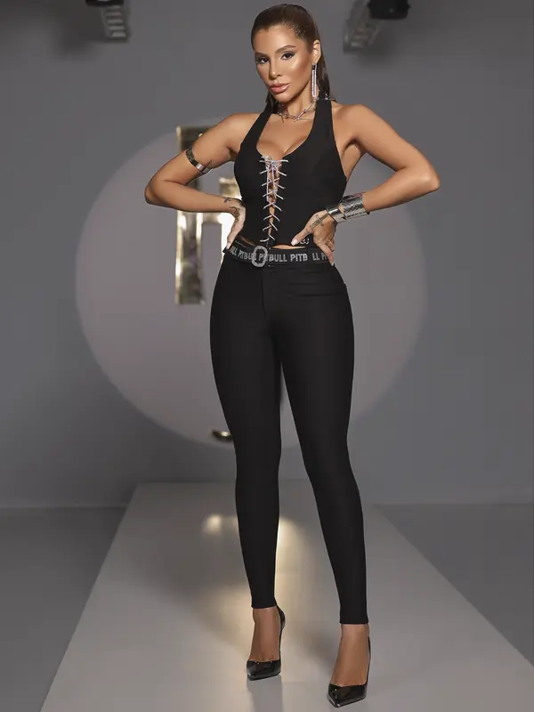 CALÇA MONTARIA PRETA FEMININA SUPER MODELADORA PIT BULL JEANS COM CINTO