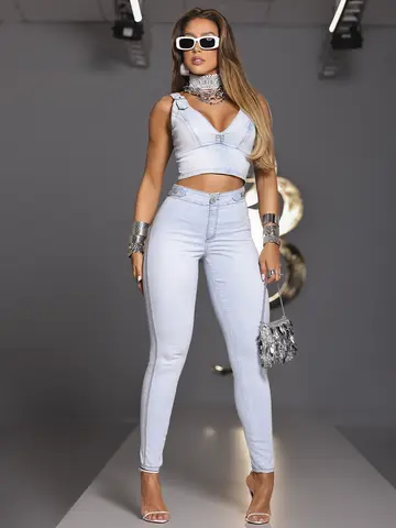 CALÇA FEMININA CLOCHARD PIT BULL JEANS STRASS LATERAL BRILHANTE