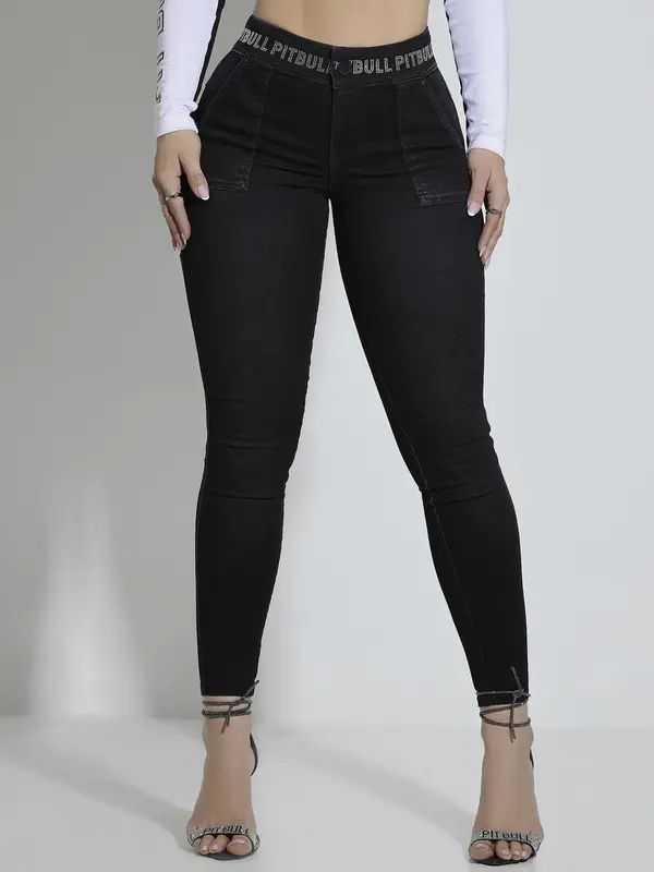 CALÇA FEMININA JEANS BLACK SKINNY PIT BULL CINTURA ALTA PERSONALIZADA