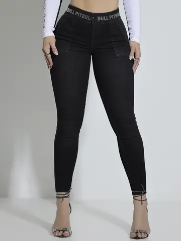 CALÇA FEMININA JEANS BLACK SKINNY PIT BULL CINTURA ALTA PERSONALIZADA