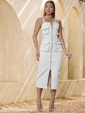 VESTIDO MIDI FEMININO CLÁSSICO EMPÓRIO PIT BULL COM ZÍPER E BOLSOS