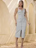 VESTIDO MIDI FEMININO CLÁSSICO EMPÓRIO PIT BULL COM ZÍPER E BOLSOS