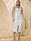 VESTIDO MIDI FEMININO CLÁSSICO EMPÓRIO PIT BULL COM ZÍPER E BOLSOS