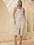 VESTIDO MIDI FEMININO CLÁSSICO EMPÓRIO PIT BULL COM ZÍPER E BOLSOS