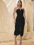 VESTIDO MIDI FEMININO CLÁSSICO EMPÓRIO PIT BULL COM ZÍPER E BOLSOS