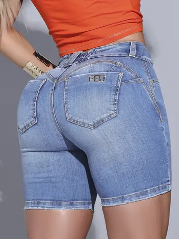BERMUDA FEMININA JEANS MODELADORA COM ESTAMPA EM PEDRARIAS PIT BULL
