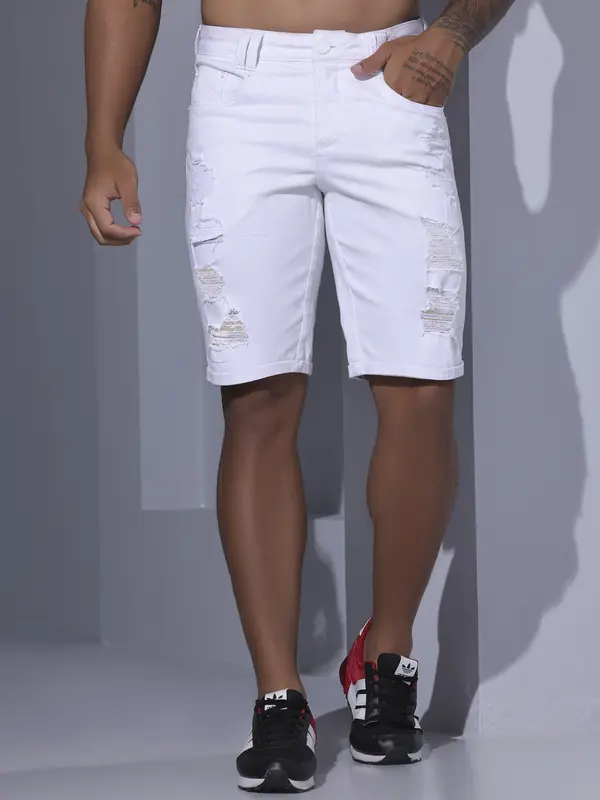 BERMUDA MASCULINA BRANCA CASUAL PIT BULL JEANS COM DESTROYEDS ESTILOSOS