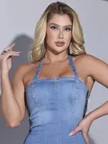 VESTIDO JEANS FEMININO TOMARA QUE CAIA IRRESISTÍVEL COM FAIXA PIT BULL