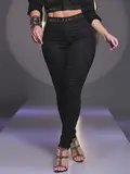 CALÇA FEMININA PRETA MODELADORA PIT BULL JEANS COM LOGOMANIA DOURADA
