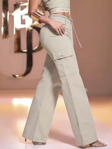 CALÇA FEMININA WIDE LEG CARGO PIT BULL JEANS VERSÁTIL E ELEGANTE