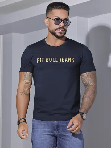 CAMISETA MASCULINA COM ESTAMPA DOURADA PIT BULL JEANS CASUAL E ESTILOSA