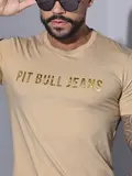 CAMISETA MASCULINA COM ESTAMPA DOURADA PIT BULL JEANS CASUAL E ESTILOSA