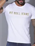 CAMISETA MASCULINA COM ESTAMPA DOURADA PIT BULL JEANS CASUAL E ESTILOSA