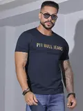 CAMISETA MASCULINA COM ESTAMPA DOURADA PIT BULL JEANS CASUAL E ESTILOSA