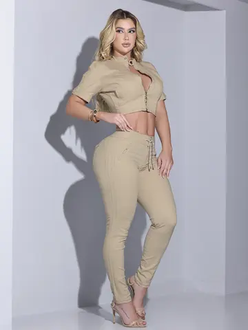 CALÇA JOGGER FEMININA PIT BULL JEANS COM CÓS ALTO E CORDÃO BRILHANTE