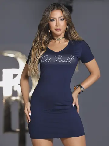 VESTIDO T-SHIRT FEMININO COM DECOTE V COM ESTAMPA ESTILOSA PIT BULL