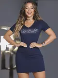 VESTIDO T-SHIRT FEMININO COM DECOTE V COM ESTAMPA ESTILOSA PIT BULL