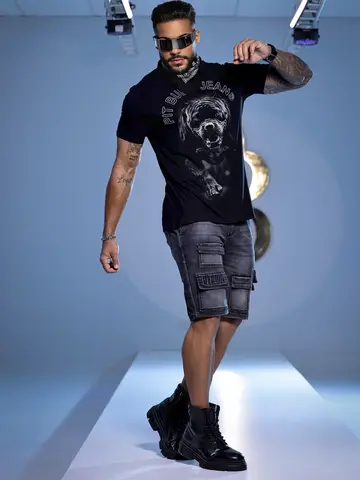 CAMISETA MASCULINA PRETA EXCLUSIVA COM ATITUDE NA ESTAMPA PIT BULL