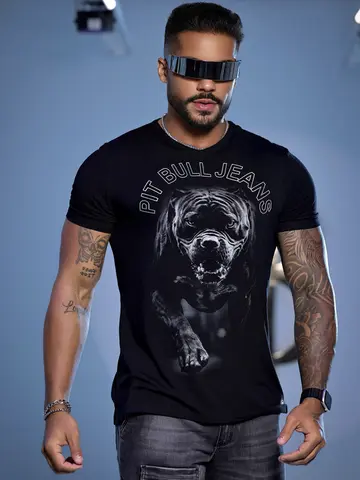 CAMISETA MASCULINA PRETA EXCLUSIVA COM ATITUDE NA ESTAMPA PIT BULL