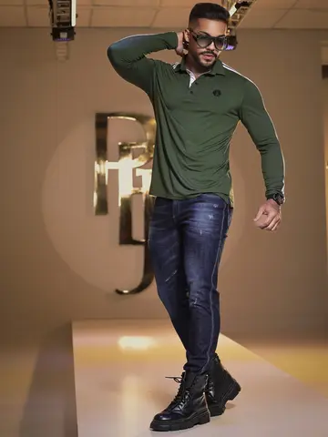 POLO MASCULINA MANGA LONGA VERDE PIT BULL ELEGANTE E CONFORTÁVEL