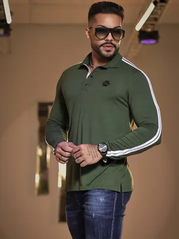 POLO MASCULINA MANGA LONGA VERDE PIT BULL ELEGANTE E CONFORTÁVEL