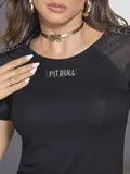 T-SHIRT FEMININA MODERNA PIT BULL CASUAL COM FAIXA PERSONALIZADA E TULE