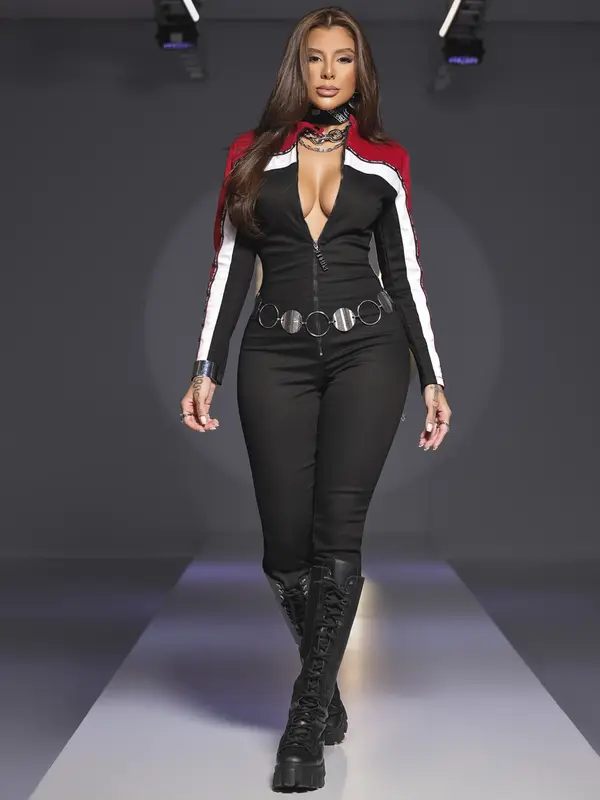 Macacão Feminino Elegante e Sensual Manga Longa Pit Bull Jeans com Zíper