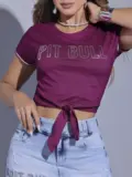 T-SHIRT FASHION COM LAÇO E ESCRITA PIT BULL CASUAL COM ESTILO