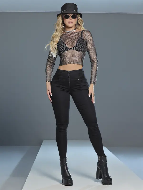 CALÇA FEMININA MODELADORA PIT BULL JEANS COM CÓS LARGO ELÁSTICO E ZÍPER