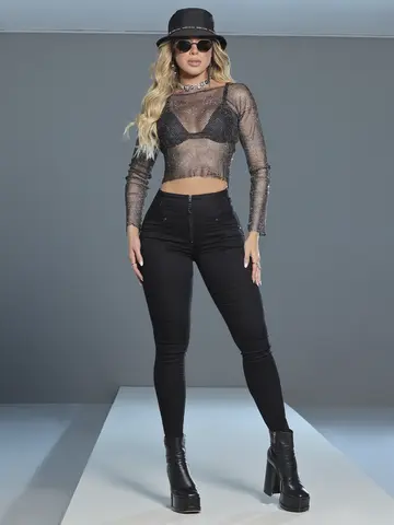 CALÇA FEMININA MODELADORA PIT BULL JEANS COM CÓS LARGO ELÁSTICO E ZÍPER