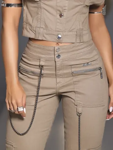 CALÇA FEMININA JOGGER CARGO PIT BULL JEANS STREET STYLE COM CORRENTE