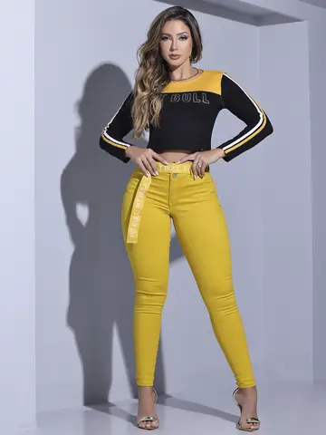 CALÇA FEMININA AMARELA SKINNY PIT BULL JEANS COM CINTO ESTILOSO