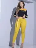 CALÇA FEMININA AMARELA SKINNY PIT BULL JEANS COM CINTO ESTILOSO