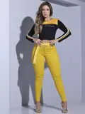 CALÇA FEMININA AMARELA SKINNY PIT BULL JEANS COM CINTO ESTILOSO