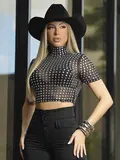 CROPPED PIT BULL JEANS CONCEITO GOLA ALTA COM TOQUE DE LUXO E GLAMOUR