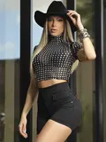 CROPPED PIT BULL JEANS CONCEITO GOLA ALTA COM TOQUE DE LUXO E GLAMOUR
