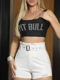 SHORT FEMININO CLOCHARD CONCEITO PIT BULL JEANS COM CINTO E BRILHO