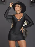 VESTIDO FEMININO MANGA LONGA CONCEITO COM FRANJAS E DECOTE PIT BULL JEANS