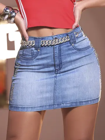 MINISSAIA COM CINTO ELEGANTE PIT BULL JEANS COM BORDADO MANUAL