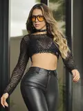 CROPPED CONCEITO ATRAENTE COM BRILHO E MANGA LONGA PIT BULL JEANS