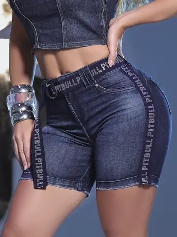 BERMUDA FEMININA JEANS CINTURA ALTA COM FAIXA LATERAL PIT BULL TENDÊNCIA