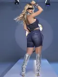 BERMUDA FEMININA JEANS CINTURA ALTA COM FAIXA LATERAL PIT BULL TENDÊNCIA